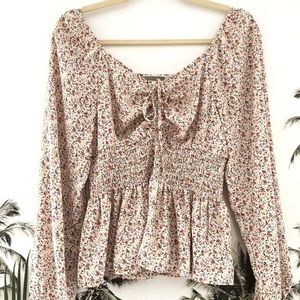 Pleione Ditsy Floral Shirred Waist Long Sleeve Cottagecore Blouse Cinch Front